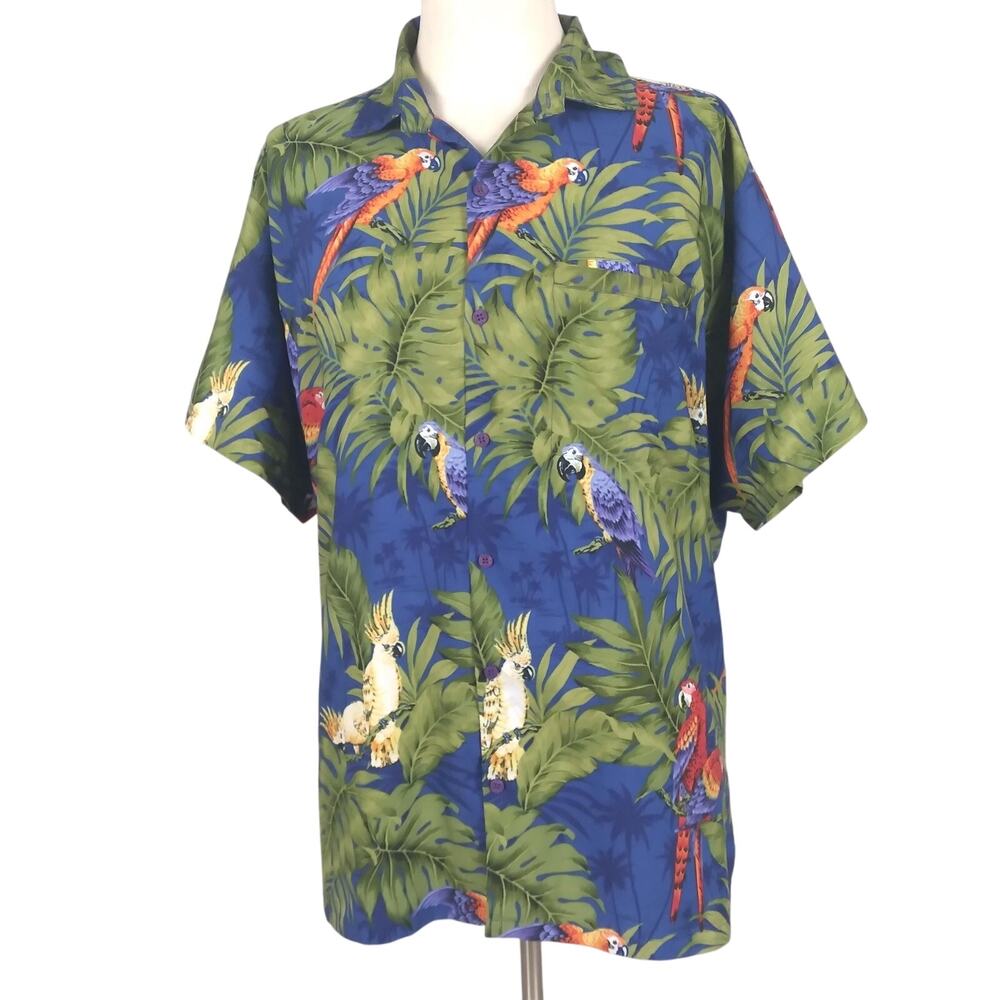 Rima Shirt Mens Large Blue Green Parrot‎ Hawaiian Button Up Tropical Birds Print